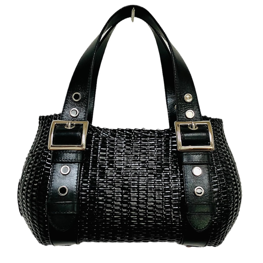 Maxx New York Black Wicker Top Handle Purse Bag Silver Tone Accents Medium Size